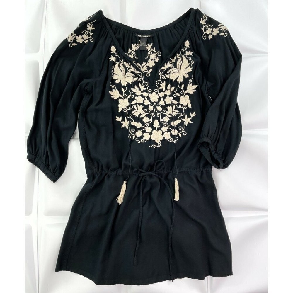 Lucky Brand Sz XS Black Floral Embroidered Tassel Drawstring Tunic Dress Peasant